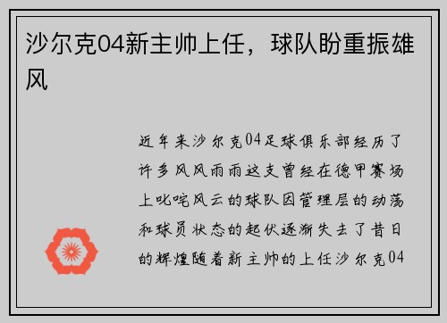沙尔克04新主帅上任，球队盼重振雄风